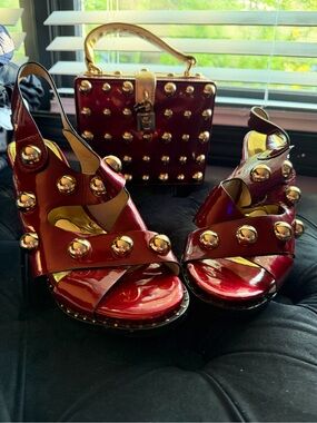 Women's Studded Red Patent Platform Sandals and Bag